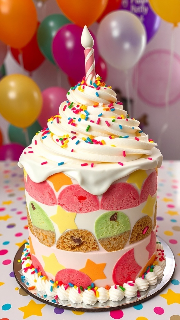 A colorful ice cream birthday cake with layers of cake and ice cream, decorated with whipped cream and sprinkles.